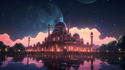 Lofi Ramadan Mosque, anime style - obrazy, fototapety, plakaty