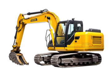 Small or mini yellow excavator isolated on white background. Construction equipment for earthworks in cramped conditions. Rental of construction equipment