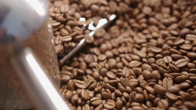 Close up of mixing coffee seeds. Fragrant and roasted coffee beans, hot aroma coffee and organic freshness, roast coffee