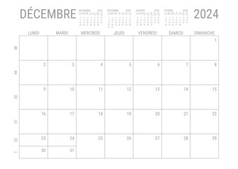 Calendrier Décembre 2024 Mensuel Planificateur avec Numero de Semaine à imprimer A4 - obrazy, fototapety, plakaty
