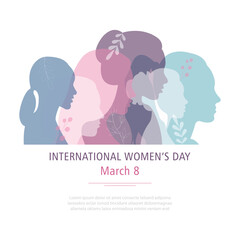 Banner for International Women's Day. Silhouettes of women of different nationalities standing side by side.Vector illustration. - obrazy, fototapety, plakaty