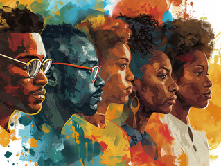 Black History Month colourful abstract illustration of Diverse representations of African-American across different fields - Powered by Adobe
