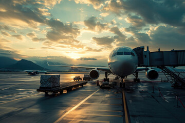 Cargo plane being loaded or unloaded with freight at a bustling airport