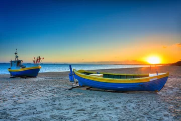 Papier Peint photo La Baltique, Sopot, Pologne Fishing boats on the beach of Baltic Sea in Sopot at sunrise, Poland