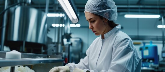 Young female worker in sterile clothing inspecting salt sticks from the production line.