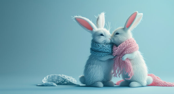 Two small cute easter bunnies with a scarf are kissing on a light blue background. Creative Valentine's Day holiday ideas