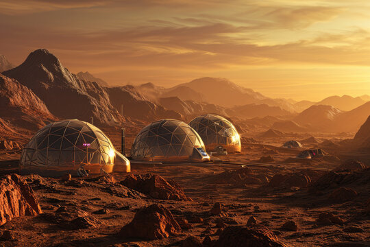 Colony of human settlers living in futuristic, domed habitats on the surface of Mars