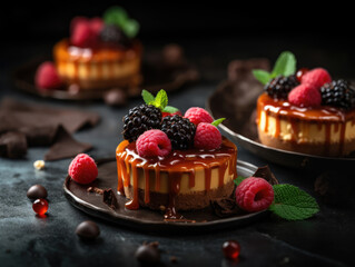 Chocolate Cake with Fresh Raspberries and Blackberries. Chocolate Dessert with fresh berries on a dark background