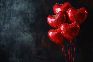 Balloons in the shape of red hearts on a black background, gift for Valentine's Day, banner with space for text