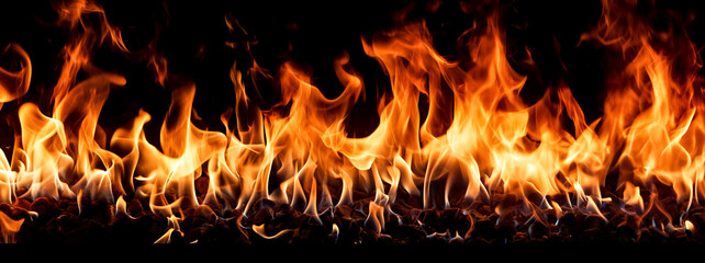 Fire flames isolated on black background. Realistic fire flames texture.