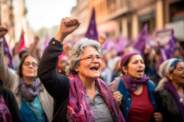 Senior latin feminist woman raising her fist at an open-air March 8 demonstration in the city streets. Women's rights, women's day concept. Generative AI - obrazy, fototapety, plakaty