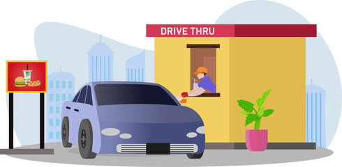Hand Man in car receiving coffee in drive thru restaurant vector illustration, Drive through and takeaway system