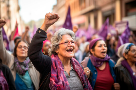 Fototapeta Senior latin feminist woman raising her fist at an open-air March 8 demonstration in the city streets. Women's rights, women's day concept. Generative AI