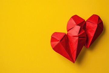 Two red hearts made of paper on a yellow background, Valentine's Day, banner with space for text