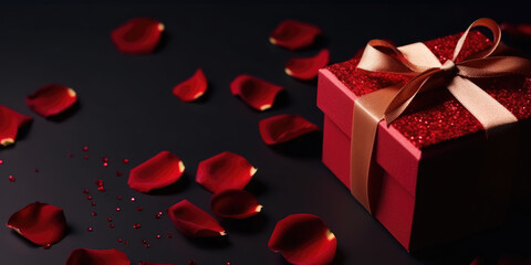 Red gift box and Red rose petals on black background. Valentine's day concept
