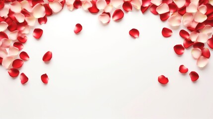 A heart shape crafted from red and pink rose petals on an isolated white background. A classic symbol for weddings, love, and Valentines Day. Banner with copy space