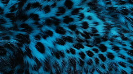 Foto op Plexiglas Blue panther or puma luxurious fur texture. Abstract animal skin design. Blue fur with black spots. Fashion. Black leopard. Design element, print, backdrop, textile, cover, background. Copy space © Jafree