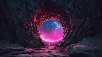 Mystical Cave Opening to a Galactic Sky. A lone figure stands before an expansive universe, framed by the jagged edges of a dark cave. Fantasy illustration. Ideal for sci-fi and fantasy themes.