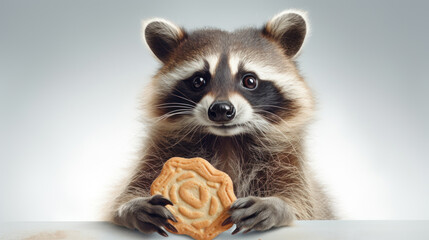 Raccoon Holding Cookie. On light background. Cute animal. Suitable for comedic content or illustrating food attraction. Banner, poster, postcard, greeting