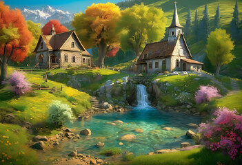 Colorful cartoon landscapes with forests, mountains, houses