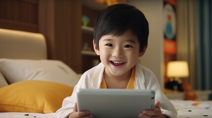 little asian сhinese boy at expressive face using a digital tablet in bed