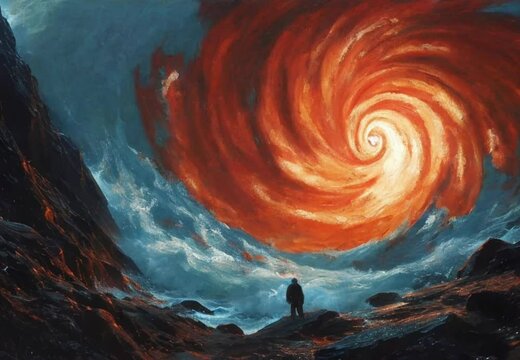 a painting picture of a man standing in front of a red and blue swirl. High quality footage