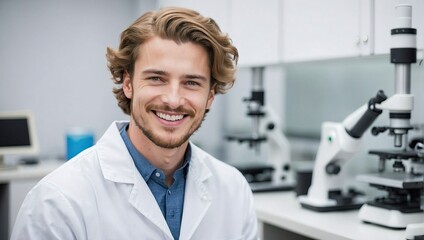 Fototapeta premium Handsome young scientist with wavy hair smiling confidently in a laboratory, wearing a lab coat and standing in front of microscopes.