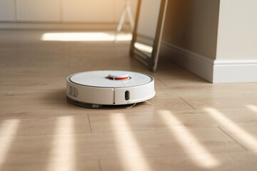 Round wireless autonomous robotic vacuum cleaner on wooden floor with sunlights. Household remote...