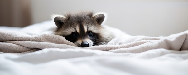 Cheerful cute racoon lying on white blanket. Funny forest animal character with funny face dreaming in bed at home. Exotic domestic pet concept - obrazy, fototapety, plakaty