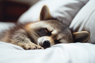  Cheerful cute racoon lying on white blanket. Funny forest animal character with funny face dreaming in bed at home. Exotic domestic pet concept