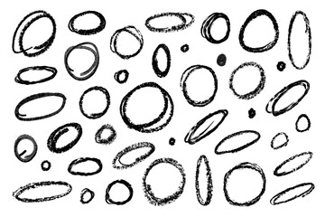 A set of hand drawn black line circle doodles, squiggles and swirl lines, png transparent background
