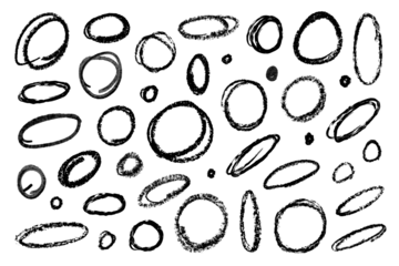 A set of hand drawn black line circle doodles, squiggles and swirl lines, png transparent background