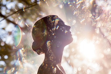 Double exposure of a profile of a woman, and bushes and flowers - AI Generated - obrazy, fototapety, plakaty