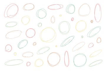 A set of hand drawn colorful circle doodles, squiggles and swirl lines, png transparent background