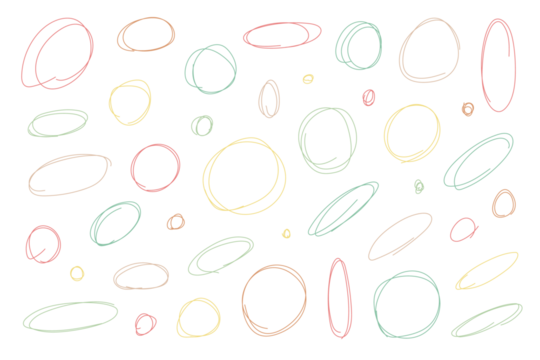 A set of hand drawn colorful circle doodles, squiggles and swirl lines, png transparent background