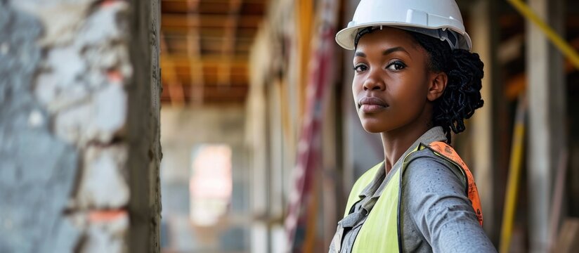 African American woman working at construction site, wearing hard hat and vest, inspecting house progress. Beautiful project manager, confident and smart.