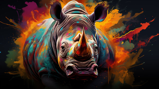 A striking painting of a rhinoceros against a dark black background