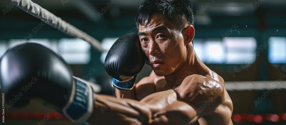 Wall mural Asian athlete boxing in the ring, wearing sportswear, punching to stay fit in the gym.