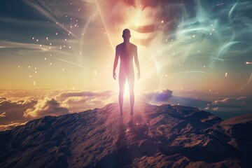 Fototapeta premium Man looking at the view at the top of a mountain -AI Generated