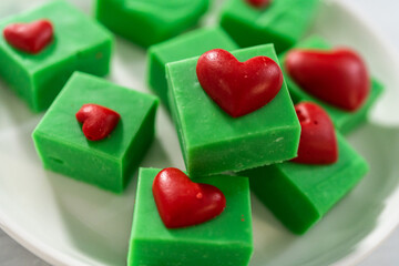 Green fudge with red hearts
