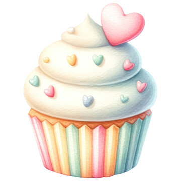 recommend clip art: Romantic Valentine Cupcake Decorated with Hearts, Watercolor, Isolated on Transparent Background. Generative AI