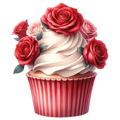 Romantic Valentine Cupcake Decorated with Roses Flowers, Watercolor, Isolated on Transparent Background. Generative AI