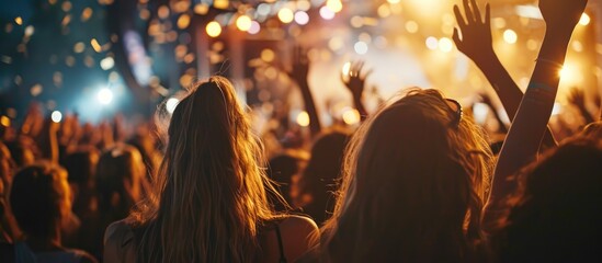 Young female friends enjoying concert show during summer music festival with cheering crowd. - obrazy, fototapety, plakaty