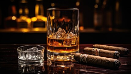 Cigars and whiskey glass on bar counter top with reflections - obrazy, fototapety, plakaty