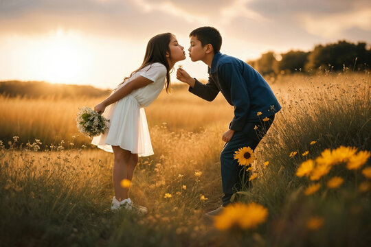 Romantic relationship, boy and girl in field with flowers, pure love, getting closer and trying new feelings