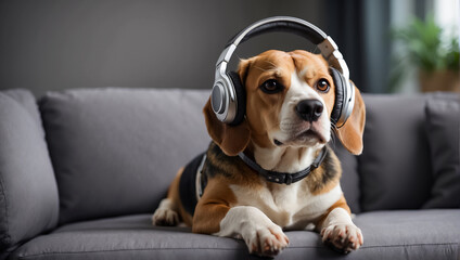 cute beagle dog wearing headphones in the room modern