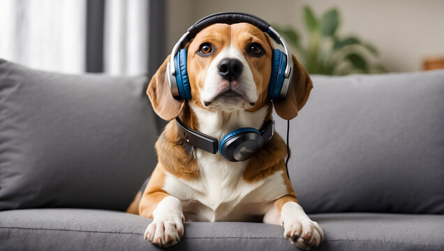 cute beagle dog wearing headphones in the room