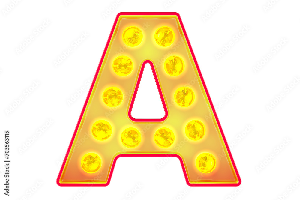 Fototapete light bulb letter a, glowing retro font. 3d rendering isolated on transparent background