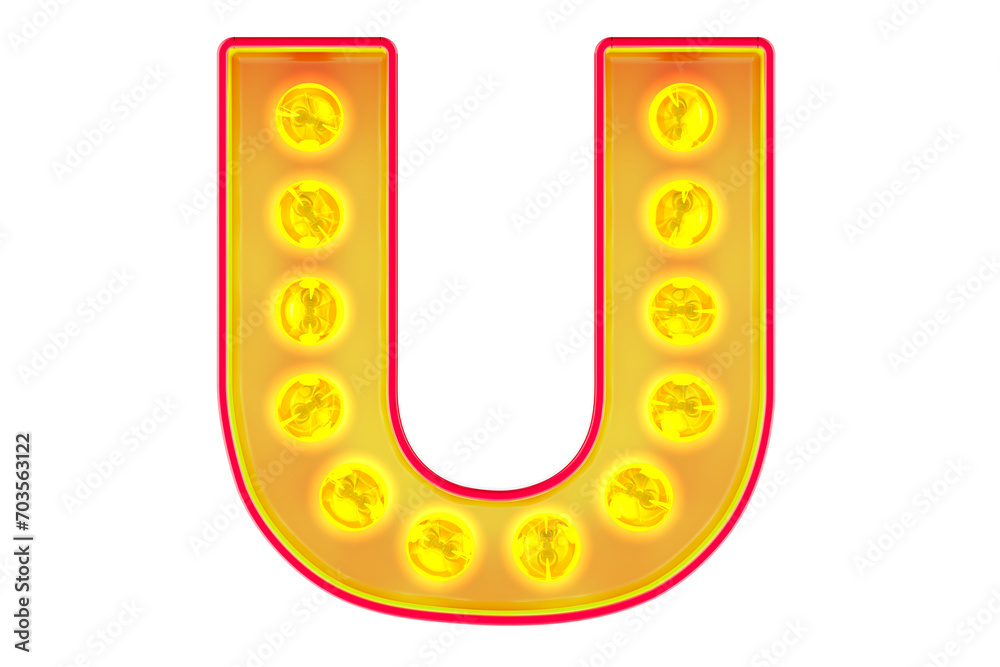 Fototapete light bulb letter u, glowing retro font. 3d rendering isolated on transparent background