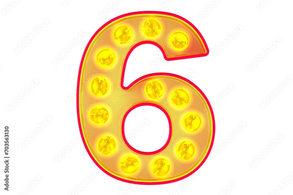 Fototapete light bulb number 6, glowing retro font. 3d rendering isolated on transparent background